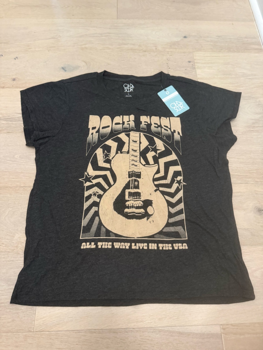 Chaser Black Graphic 'Rock Fest' Guitar Short Sleeve Tee with Tan Print